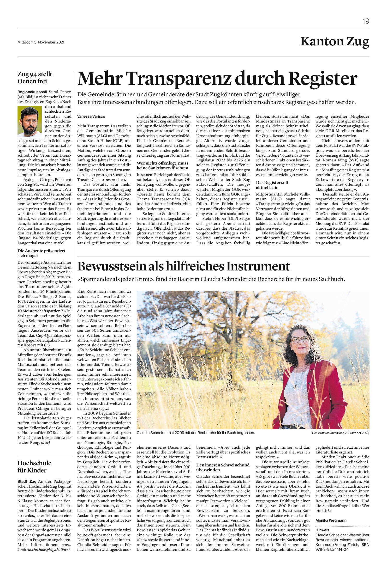 In der Zuger Zeitung erzählt Autorin Claudia Schneider von ihrem Buch "Was wir über Bewusstsein wissen sollten".