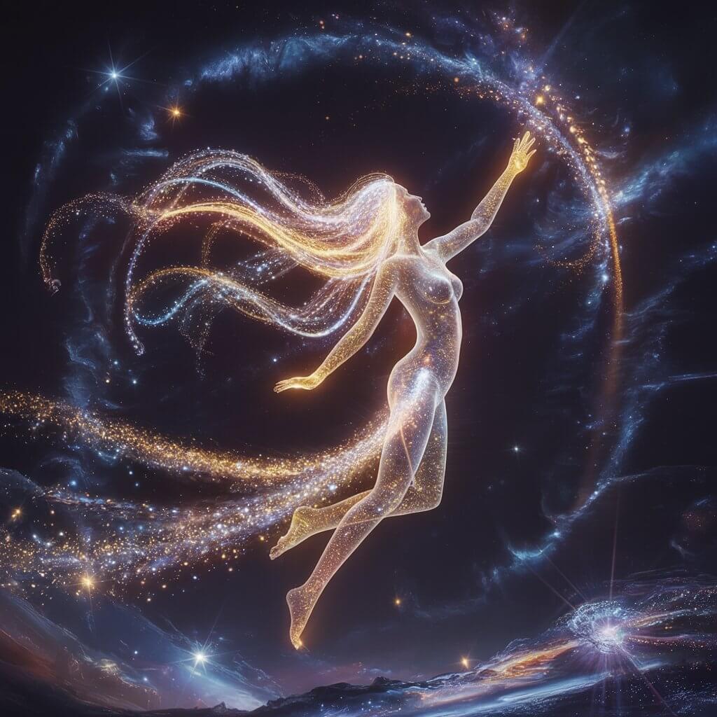 Kristalline weibliche Lichtgestalt tanzt im Universum.