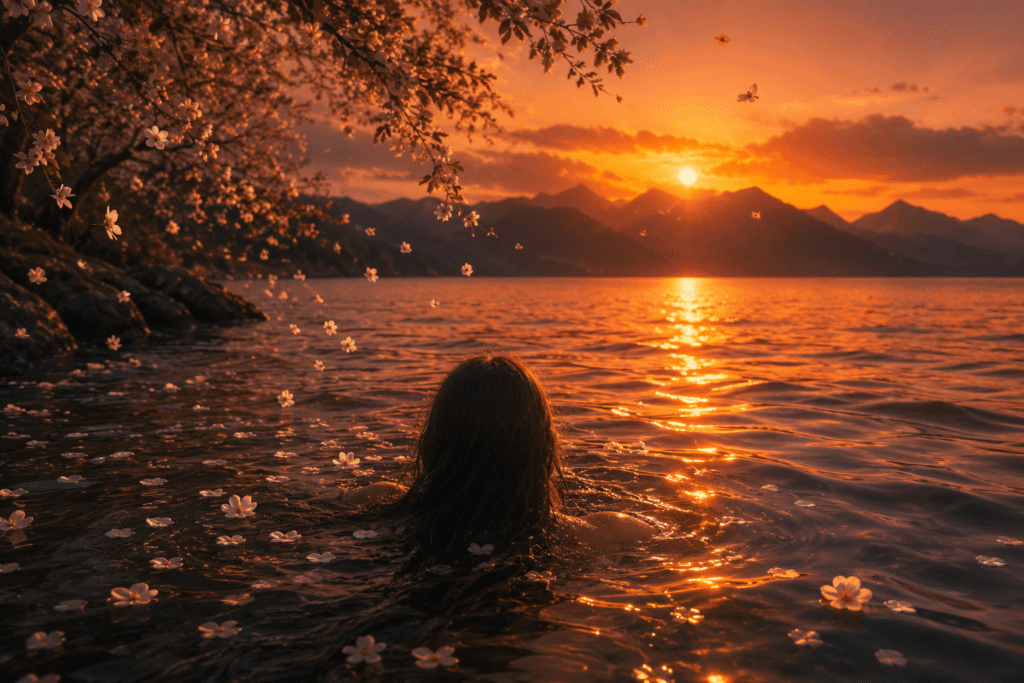 Eine Frau schwimmt bei Sonnenuntergang im See, während weisse Blüten auf das Wasser fallen.